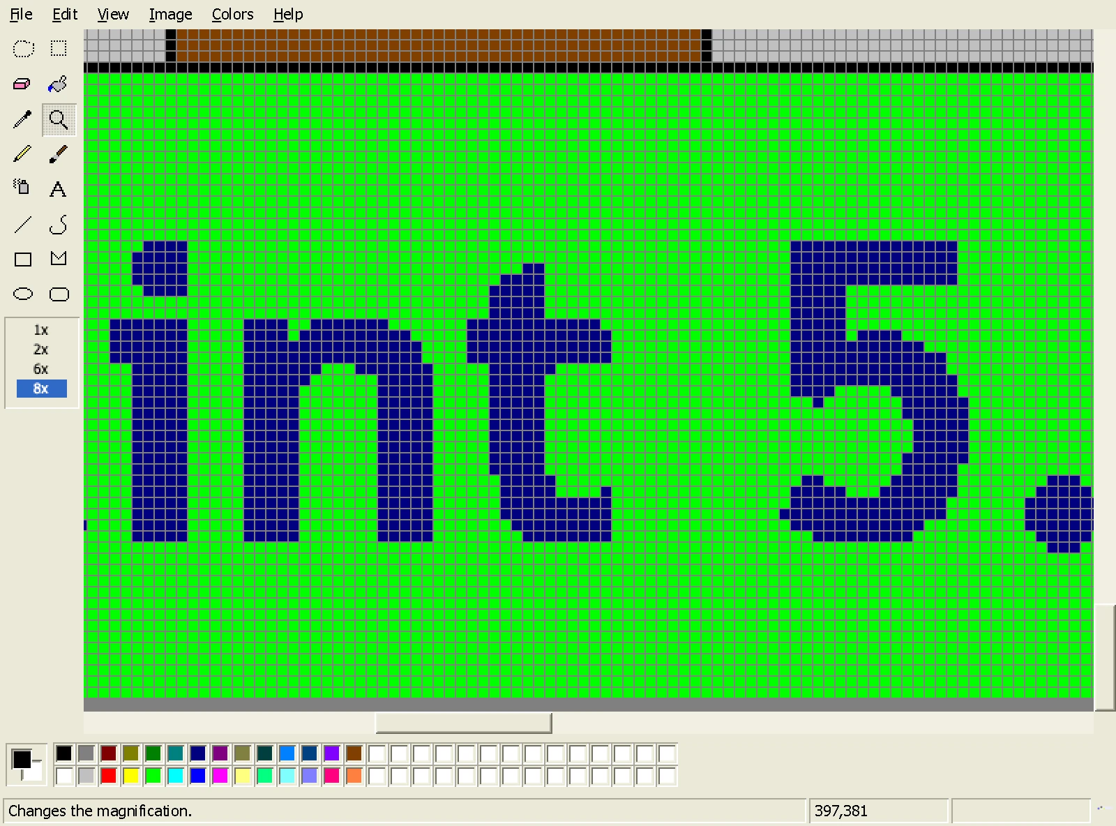 The same canvas at eight times magnification, every pixel drawn as a discrete square on the grid, with 8× selected in the zoom options.